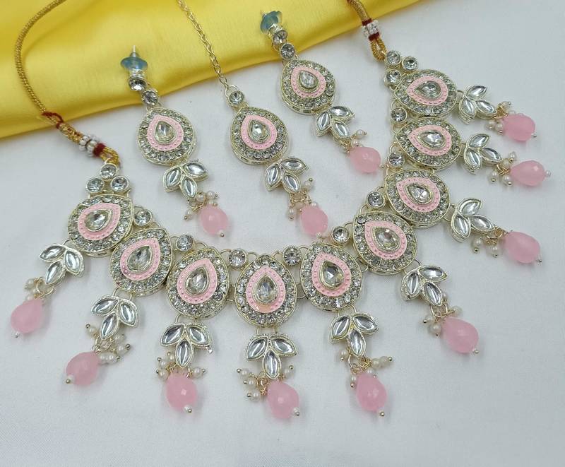 Pink necklace set with earrings & maang tikka | kundan & agate stone | lekar gold plating