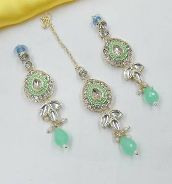 Pista necklace set with earrings & maang tikka | kundan & agate stone | lekar gold plating 2