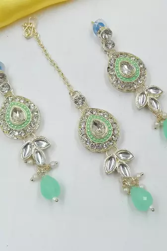 Pista necklace set with earrings & maang tikka | kundan & agate stone | lekar gold plating