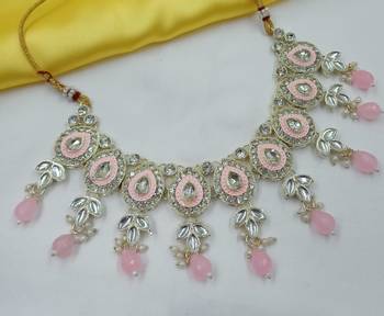 Pink necklace set with earrings & maang tikka | kundan & agate stone | lekar gold plating 2