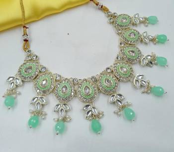 Pista necklace set with earrings & maang tikka | kundan & agate stone | lekar gold plating 3