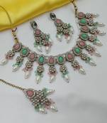 Pink pista color necklace set with earrings & maang tikka | kundan & agate stone | lekar gold plating