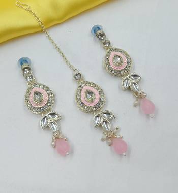 Pink necklace set with earrings & maang tikka | kundan & agate stone | lekar gold plating 3