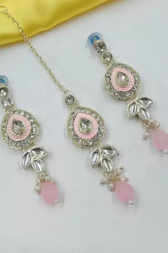 Pink necklace set with earrings & maang tikka | kundan & agate stone | lekar gold plating