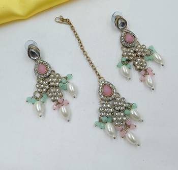 Pink pista color necklace set with earrings & maang tikka | kundan & agate stone | lekar gold plating 3