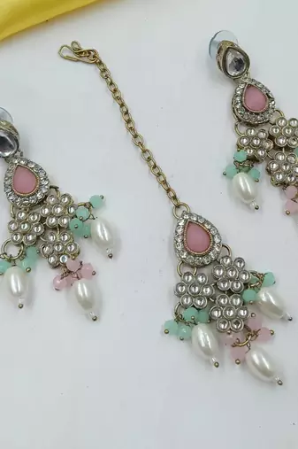 Pink pista color necklace set with earrings & maang tikka | kundan & agate stone | lekar gold plating