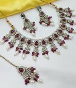 Majanta color necklace set with earrings & maang tikka | kundan & agate stone | lekar gold plating