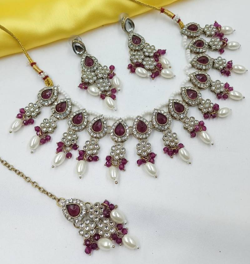 Majanta color necklace set with earrings & maang tikka | kundan & agate stone | lekar gold plating