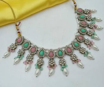 Pink pista color necklace set with earrings & maang tikka | kundan & agate stone | lekar gold plating 4