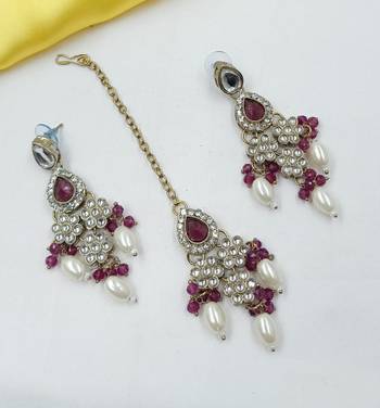 Majanta color necklace set with earrings & maang tikka | kundan & agate stone | lekar gold plating 2