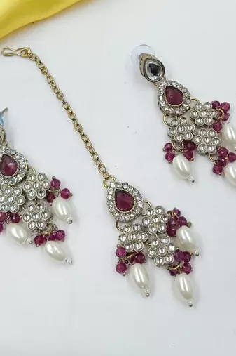Majanta color necklace set with earrings & maang tikka | kundan & agate stone | lekar gold plating