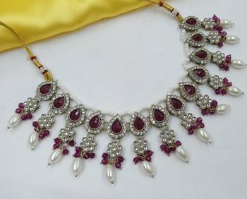 Majanta color necklace set with earrings & maang tikka | kundan & agate stone | lekar gold plating 3