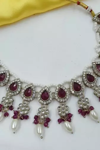 Majanta color necklace set with earrings & maang tikka | kundan & agate stone | lekar gold plating