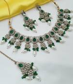 Green color necklace set with earrings & maang tikka | kundan & agate stone | lekar gold plating