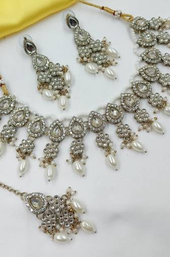 White color necklace set with earrings & maang tikka | kundan & agate stone | lekar gold plating