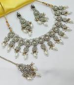White color necklace set with earrings & maang tikka | kundan & agate stone | lekar gold plating