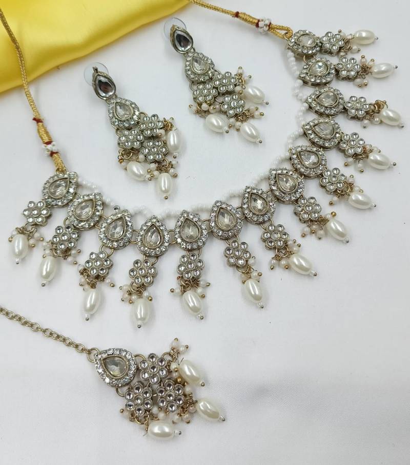 White color necklace set with earrings & maang tikka | kundan & agate stone | lekar gold plating