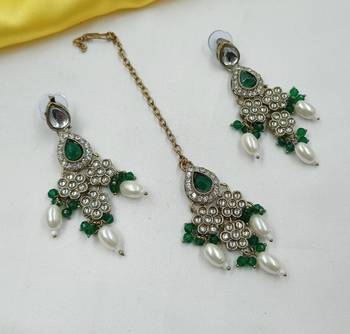 Green color necklace set with earrings & maang tikka | kundan & agate stone | lekar gold plating 3