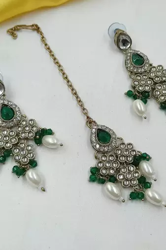 Green color necklace set with earrings & maang tikka | kundan & agate stone | lekar gold plating