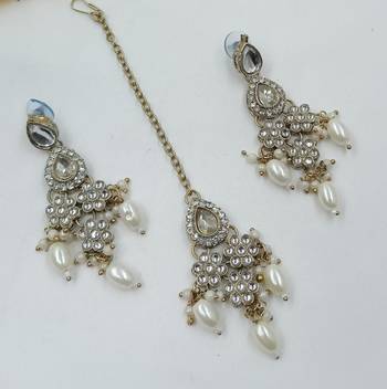 White color necklace set with earrings & maang tikka | kundan & agate stone | lekar gold plating 3