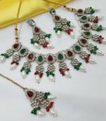 Maroon green color necklace set with earrings & maang tikka | kundan & agate stone | lekar gold plating