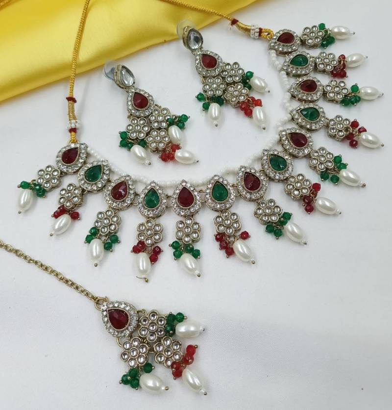 Maroon green color necklace set with earrings & maang tikka | kundan & agate stone | lekar gold plating