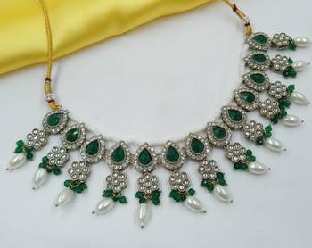 Green color necklace set with earrings & maang tikka | kundan & agate stone | lekar gold plating 4