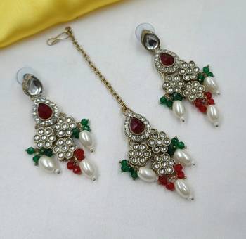 Maroon green color necklace set with earrings & maang tikka | kundan & agate stone | lekar gold plating 2
