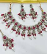 Rani color necklace set with earrings & maang tikka | kundan & agate stone | lekar gold plating