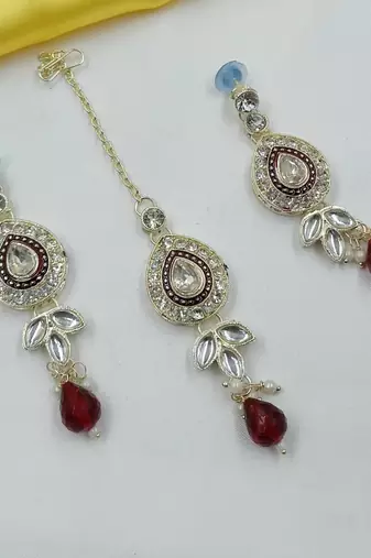 Maroon green set with earrings & maang tikka | kundan & agate stone | lekar gold plating