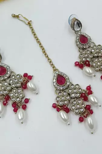 Rani color necklace set with earrings & maang tikka | kundan & agate stone | lekar gold plating