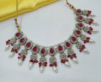 Rani color necklace set with earrings & maang tikka | kundan & agate stone | lekar gold plating 4