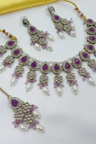 Purple color necklace set with earrings & maang tikka | kundan & agate stone | lekar gold plating