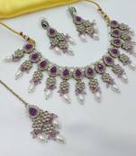 Purple color necklace set with earrings & maang tikka | kundan & agate stone | lekar gold plating