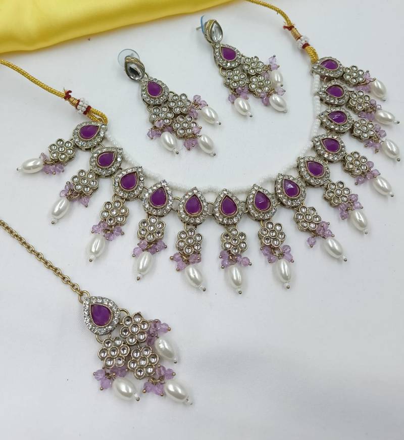 Purple color necklace set with earrings & maang tikka | kundan & agate stone | lekar gold plating