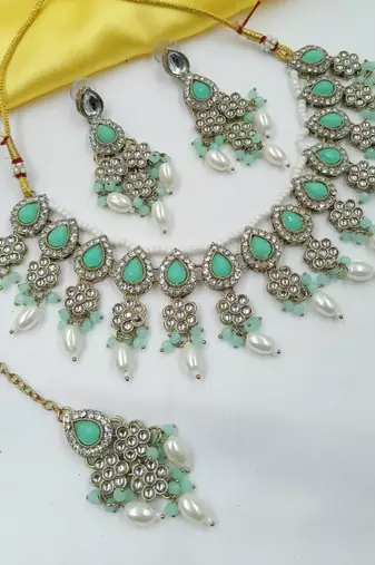 Pista color necklace set with earrings & maang tikka | kundan & agate stone | lekar gold plating