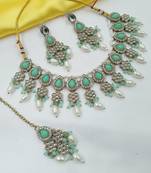Pista color necklace set with earrings & maang tikka | kundan & agate stone | lekar gold plating