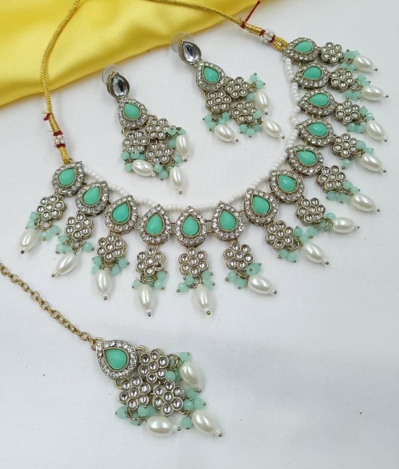 Pista color necklace set with earrings & maang tikka | kundan & agate stone | lekar gold plating