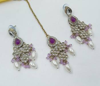 Purple color necklace set with earrings & maang tikka | kundan & agate stone | lekar gold plating 3