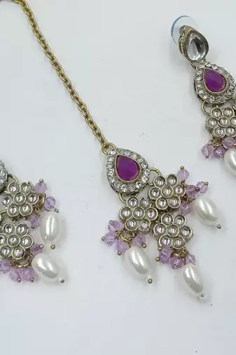 Purple color necklace set with earrings & maang tikka | kundan & agate stone | lekar gold plating