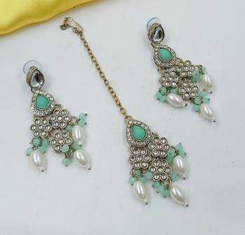 Pista color necklace set with earrings & maang tikka | kundan & agate stone | lekar gold plating 3
