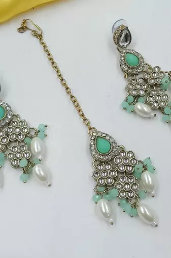 Pista color necklace set with earrings & maang tikka | kundan & agate stone | lekar gold plating