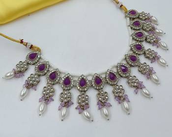 Purple color necklace set with earrings & maang tikka | kundan & agate stone | lekar gold plating 4