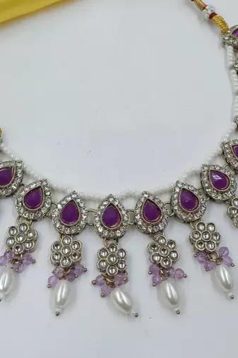 Purple color necklace set with earrings & maang tikka | kundan & agate stone | lekar gold plating