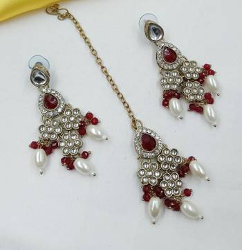 Maroon color necklace set with earrings & maang tikka | kundan & agate stone | lekar gold plating 2