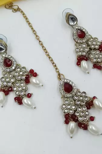 Maroon color necklace set with earrings & maang tikka | kundan & agate stone | lekar gold plating