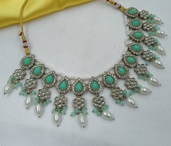 Pista color necklace set with earrings & maang tikka | kundan & agate stone | lekar gold plating 4
