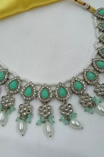 Pista color necklace set with earrings & maang tikka | kundan & agate stone | lekar gold plating