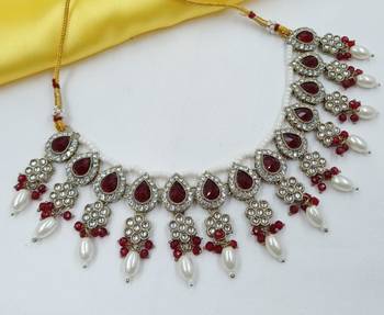 Maroon color necklace set with earrings & maang tikka | kundan & agate stone | lekar gold plating 3