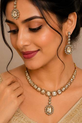 Light cyan (lct) color necklace set with earrings & maang tikka | kundan and agate stone | antique gold plating
